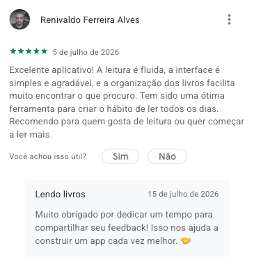 Avaliação cinco estrelas no Google Play de Renivaldo Ferreira Alves